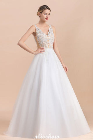 Elegant V-Neck Floral Lace A-line Wedding Dress Beach Sleeveless Tulle Church Dress