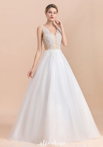 Elegant V-Neck Floral Lace A-line Wedding Dress Beach Sleeveless Tulle Church Dress
