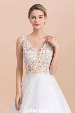 Elegant V-Neck Floral Lace A-line Wedding Dress Beach Sleeveless Tulle Church Dress