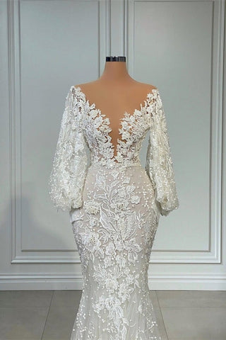 Elegant V-neck Long Sleeves Mermaid Lace Wedding Dress