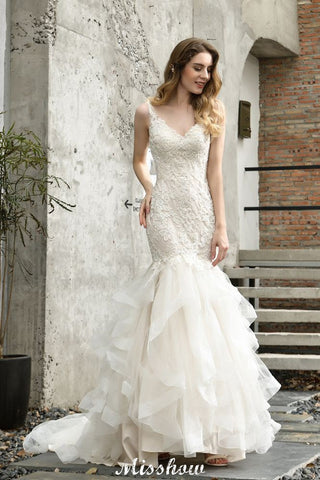 Elegant V-Neck Mermaid Bridal Gown Tulle Lace Appliques Puffy Wedding Dress