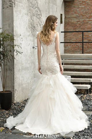 Elegant V-Neck Mermaid Bridal Gown Tulle Lace Appliques Puffy Wedding Dress