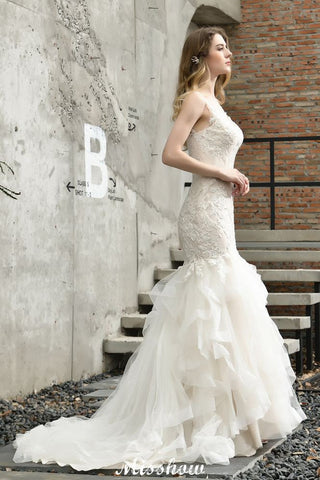 Elegant V-Neck Mermaid Bridal Gown Tulle Lace Appliques Puffy Wedding Dress