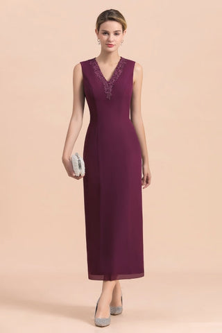 Elegant V-Neck SLeeveless Apppliques Grape Mother of Bride Dress with Wraps