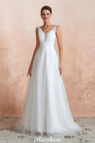 Elegant V-Neck Tulle Pearls Wedding Dress Beach Bridal Gown