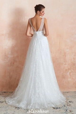 Elegant V-Neck Tulle Pearls Wedding Dress Beach Bridal Gown