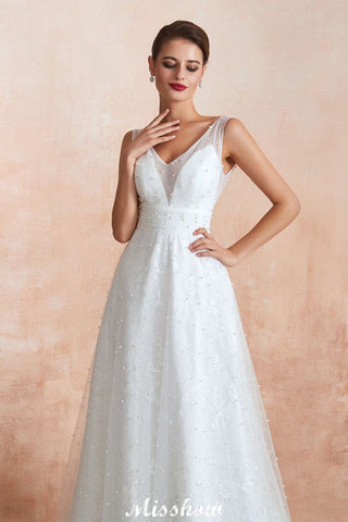 Elegant V-Neck Tulle Pearls Wedding Dress Beach Bridal Gown