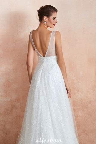 Elegant V-Neck Tulle Pearls Wedding Dress Beach Bridal Gown