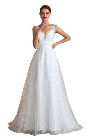 Elegant V-Neck Tulle Pearls Wedding Dress Beach Bridal Gown