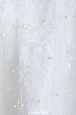 Elegant V-Neck Tulle Pearls Wedding Dress Beach Bridal Gown