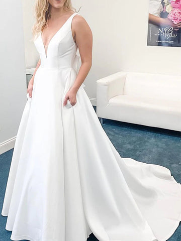 Elegant White A-line V Neck Open Back Satin Long Wedding Dresses with Pockets