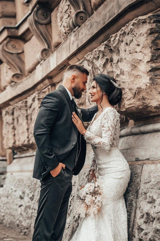 Elegant White Floral Lace Mermaid Spring Wedding Dress Long Sleeves V-Neck Slim Bridal Dresses