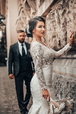 Elegant White Floral Lace Mermaid Spring Wedding Dress Long Sleeves V-Neck Slim Bridal Dresses