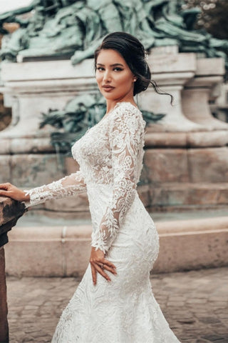 Elegant White Floral Lace Mermaid Spring Wedding Dress Long Sleeves V-Neck Slim Bridal Dresses