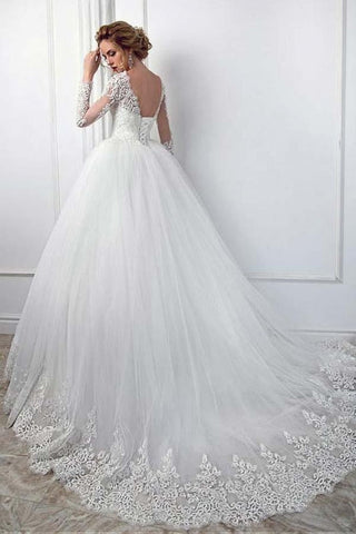 Elegant White Long Sleeves Tulle Bridal Dress Lace Appliques Aline Wedding Gown