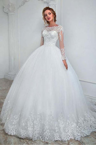 Elegant White Long Sleeves Tulle Bridal Dress Lace Appliques Aline Wedding Gown