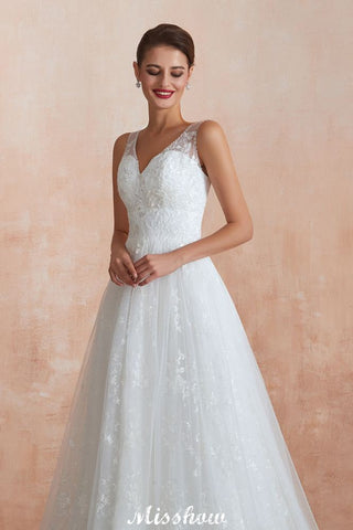 Elegant White V-Neck Princess Wedding Dress Aline Tulle Lace Bridal Gown