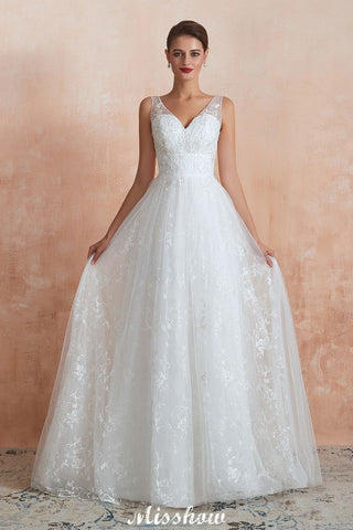 Elegant White V-Neck Princess Wedding Dress Aline Tulle Lace Bridal Gown