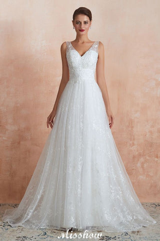 Elegant White V-Neck Princess Wedding Dress Aline Tulle Lace Bridal Gown