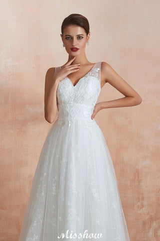 Elegant White V-Neck Princess Wedding Dress Aline Tulle Lace Bridal Gown