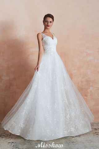 Elegant White V-Neck Princess Wedding Dress Aline Tulle Lace Bridal Gown