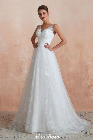 Elegant White V-Neck Princess Wedding Dress Aline Tulle Lace Bridal Gown