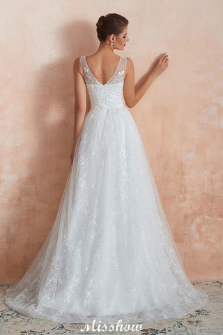 Elegant White V-Neck Princess Wedding Dress Aline Tulle Lace Bridal Gown