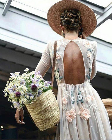 Embroidery A-line Chic Open Back Long Sleeve Sparkly Prom Dress