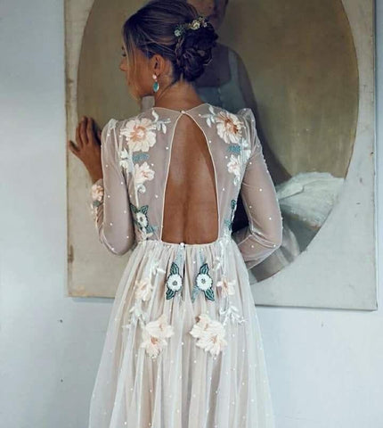Embroidery A-line Chic Open Back Long Sleeve Sparkly Prom Dress