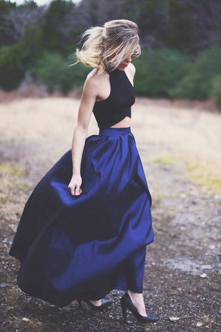 Two Piece Halter Satin Long Prom Dress, Formal Dresses