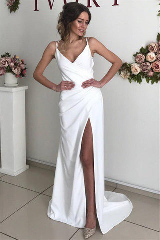 Excellent Long Mermaid Satin White Backless Wedding Dress with Slit