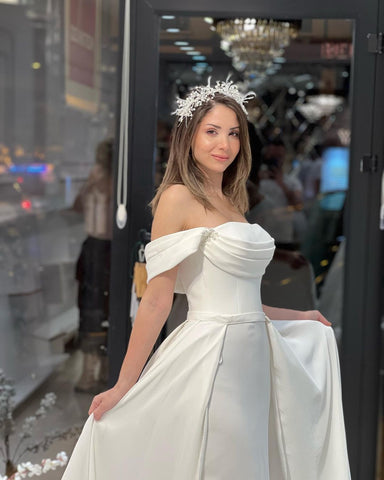 Exquisite Floor Length Off-The-Shoulder A-Line Satin Wedding Dress with Beads