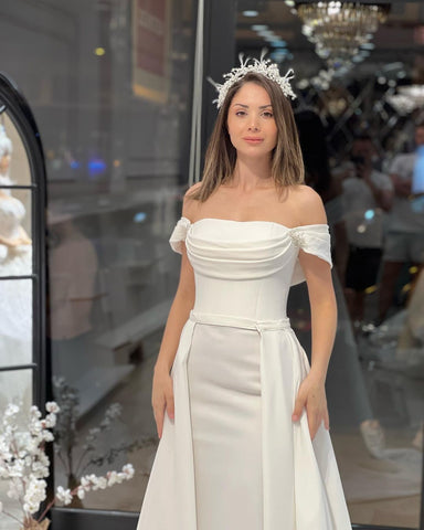 Exquisite Floor Length Off-The-Shoulder A-Line Satin Wedding Dress with Beads