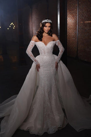Extravagant A-line Off-the-shoulder Lace Mermaid Wedding Dresses with Sleeves