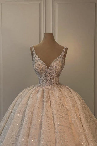 Extravagant Long A-line V-neck Sleeveless Princess Glitter Wedding Dress with Lace