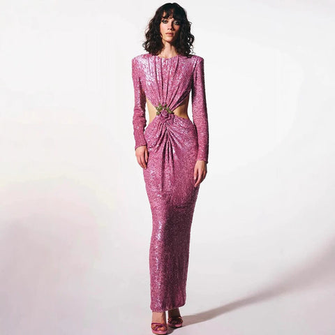 Ruched Sequin Waist Cutout Prom Dress