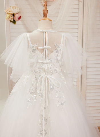 A-line Tulle Sweep Train Ivory First Communion Flower Girl Dress