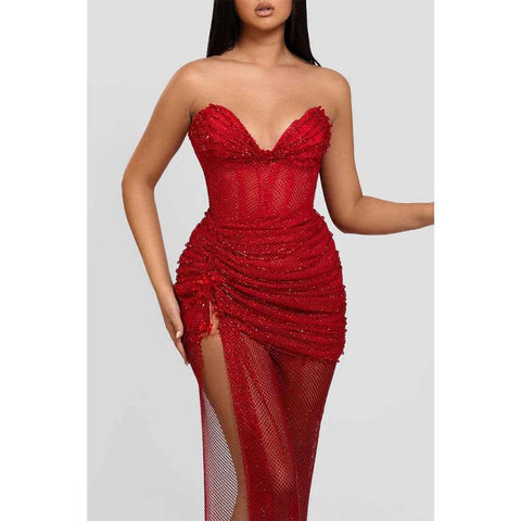 Vestido de fiesta de graduación transparente con escote en V, sin tirantes, plisado y abertura lateral 