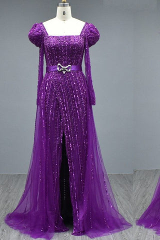 Long Sleeves Square Evening Dress Mermaid With Beadings