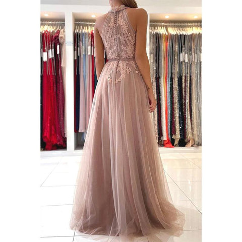 Robe de soirée élégante en tulle avec appliques en dentelle et décolleté haut 