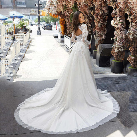 Wedding Dress A Line Removable Long Sleeve Bride Elegant Open Back Lace Bridal Gown Applique Tulle Vestido De Noiva