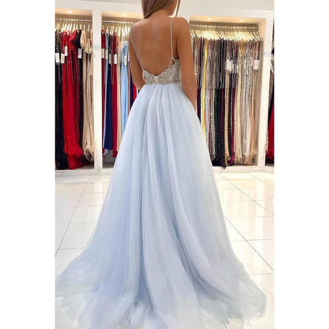 Vestido de fiesta largo con tirantes finos, escote en V y cuentas 