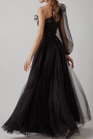 A Line One Shoulder Black Long Prom Dress with Long Sleeves