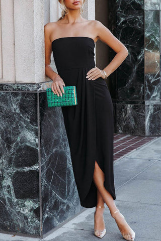 Robe de soirée sexy, unie, fendue et sans bretelles 