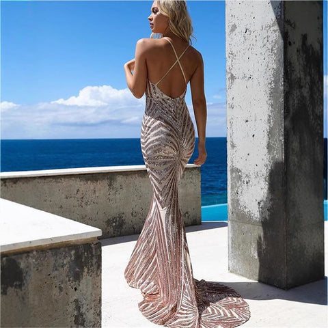 Chic Backless Lace Sequin Prom Dress