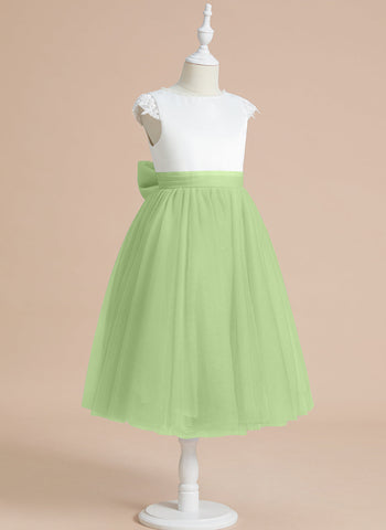 A-line Satin Tulle Tea-length First Communion Flower Girl Dress