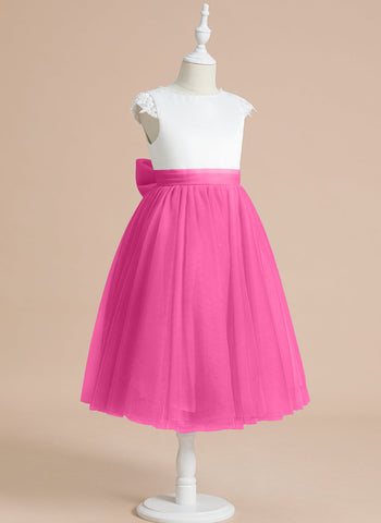 A-line Satin Tulle Tea-length First Communion Flower Girl Dress