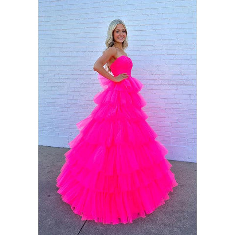 Vestido de fiesta largo de tul en forma de A, sin tirantes, color rosa intenso