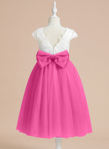 A-line Satin Tulle Tea-length First Communion Flower Girl Dress