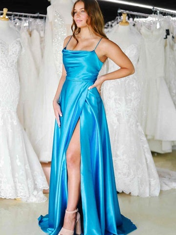 A Line Cowl Neck Satin Prom Dress With Slit